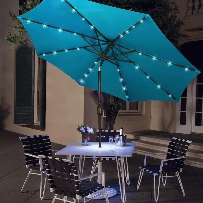 9 ft Solar Umbrella 32 LED Lighted Patio Umbrella Table Market Umbrella with Tilt and Crank Outdoor for Garden, Deck