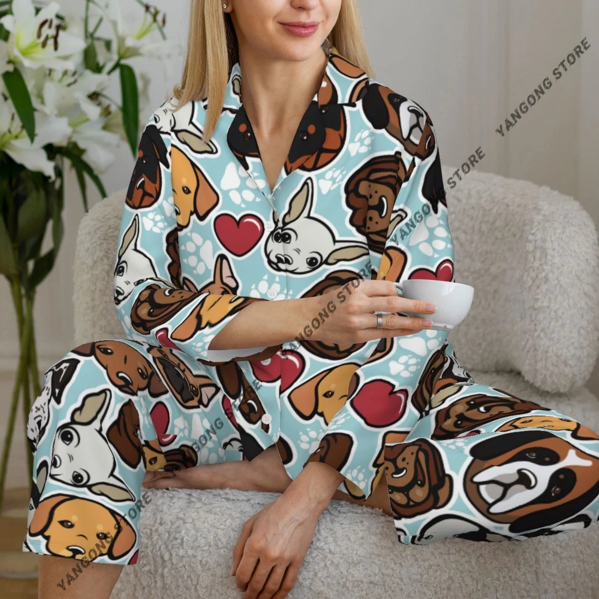 Women's Pajamas Long-sleeved Girl Loungewear Two-piece Set Dog Head Pattern Pajamas for Autumn Spring