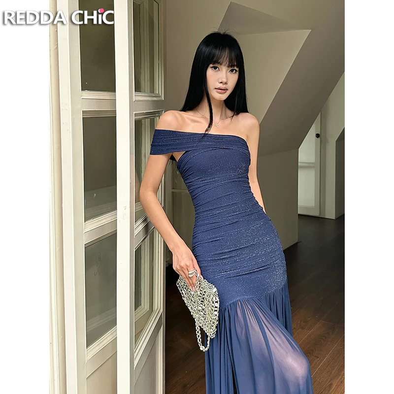 REDDACHiC الأزرق الملكي سباركلي حزب ثوب المرأة بريق شبكة واحدة الكتف مشد Ruched سبليت ماكسي فستان طويل Porm الملابس الرسمية