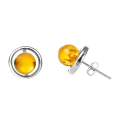 Baltic Amber Small Stud Ball Earrings for Women in 925 Sterling Silver, Rich Cognac Color