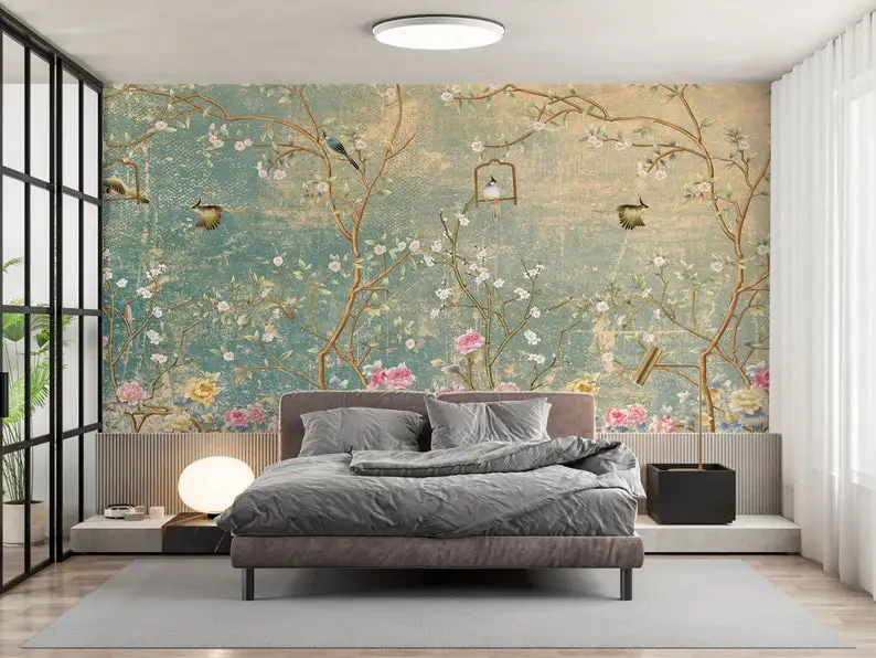 Chinoiserie Floral Wallpaper, Asian Art Flowers Elegant Easy Removable Peel And Stick Mural, Living Room Wall Decor, Floral Wall