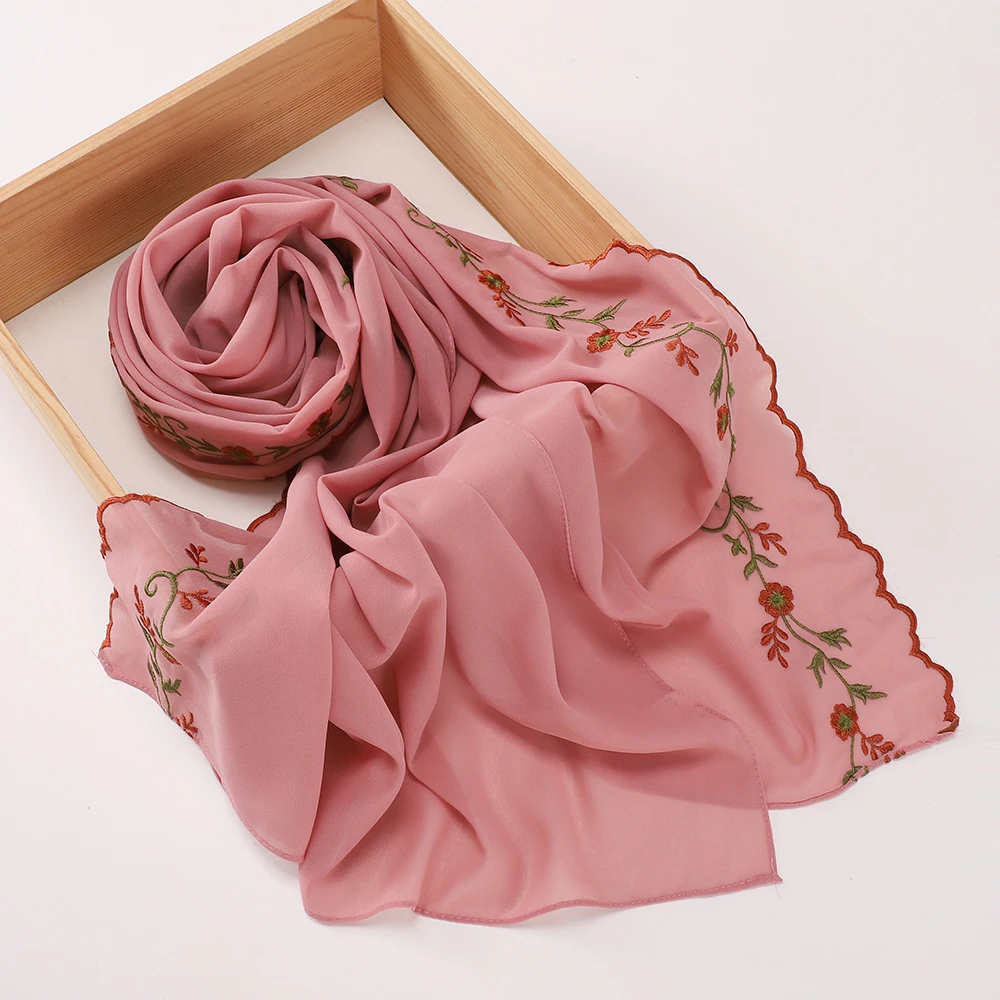 New Floral Embroidery Chiffon Hijab Wave Scalloped Edge Scarf Muslim Women Headscarf Soft Shawl Islamic Ladies Shawl
