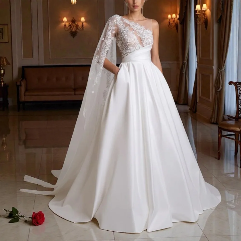 Custom One Shoulder Lace Satin A Line Wedding Dress 2026 Cathedral Train Bridal Gown Plus Size Vestido De Novia