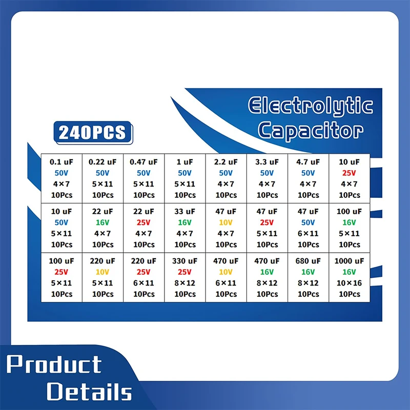 مجموعة متنوعة من مكثفات كهربائية 240 قطعة، مجموعة مكثفات ألومنيوم من 0.1 فائق التوهج إلى 1000 فائق التوهج، 10 فولت 16 فولت 25 فولت 50 فولت