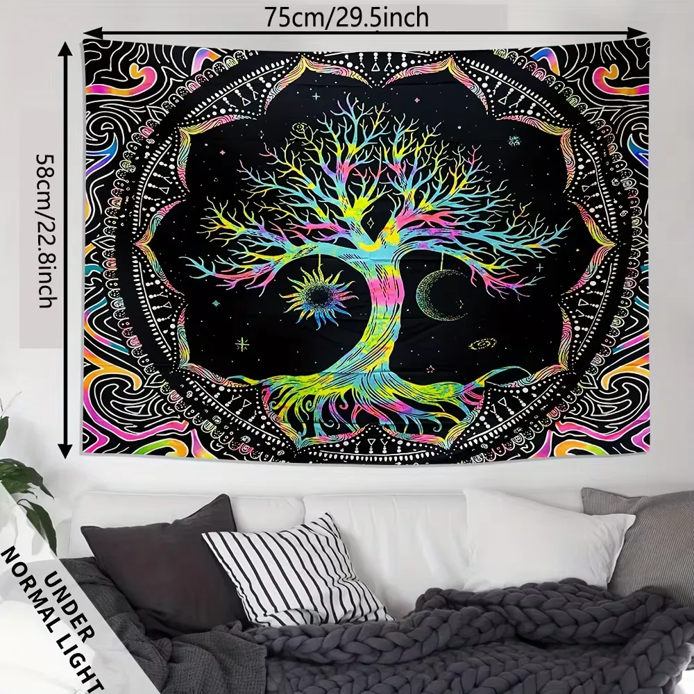 1pc 75x58cm Tree of Life Tapestry BlackLight Sun Moon Stars Galaxy Colorful Hippie Psychedelic Bedroom Dorm Decor Aesthetic