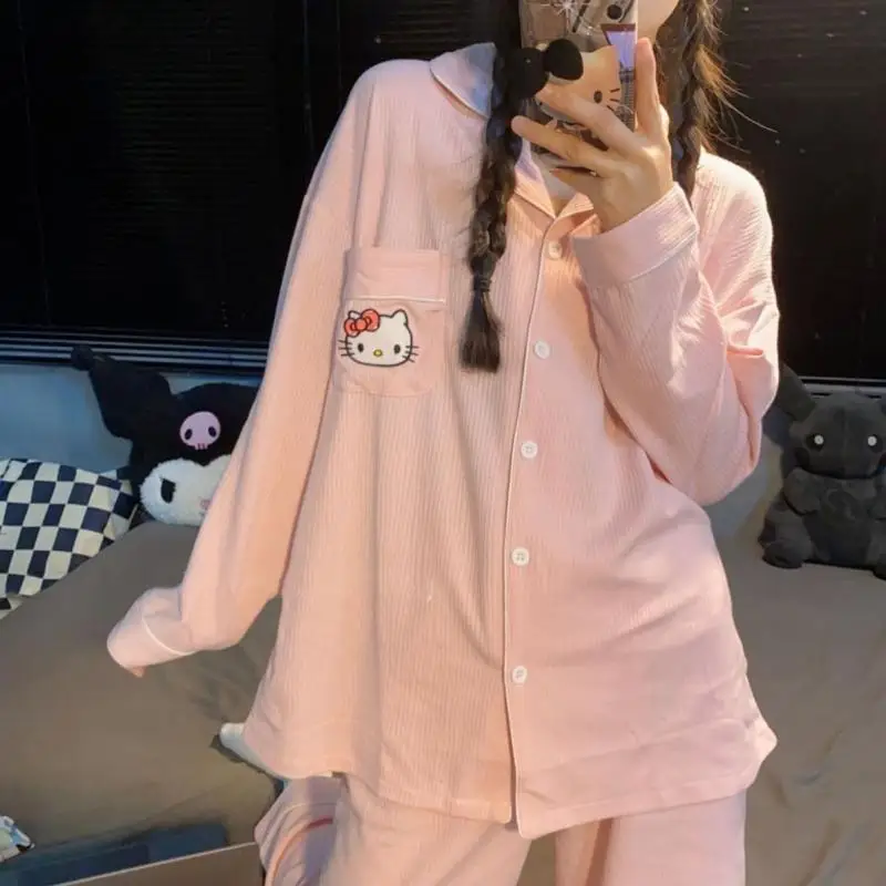 Sanrio Hello Kitty Stuff Anime Women's Pajamas Lapel Long Sleeve Pants Cartoon Two-Piece Set Silk Pajamas Girl Loungewear Set