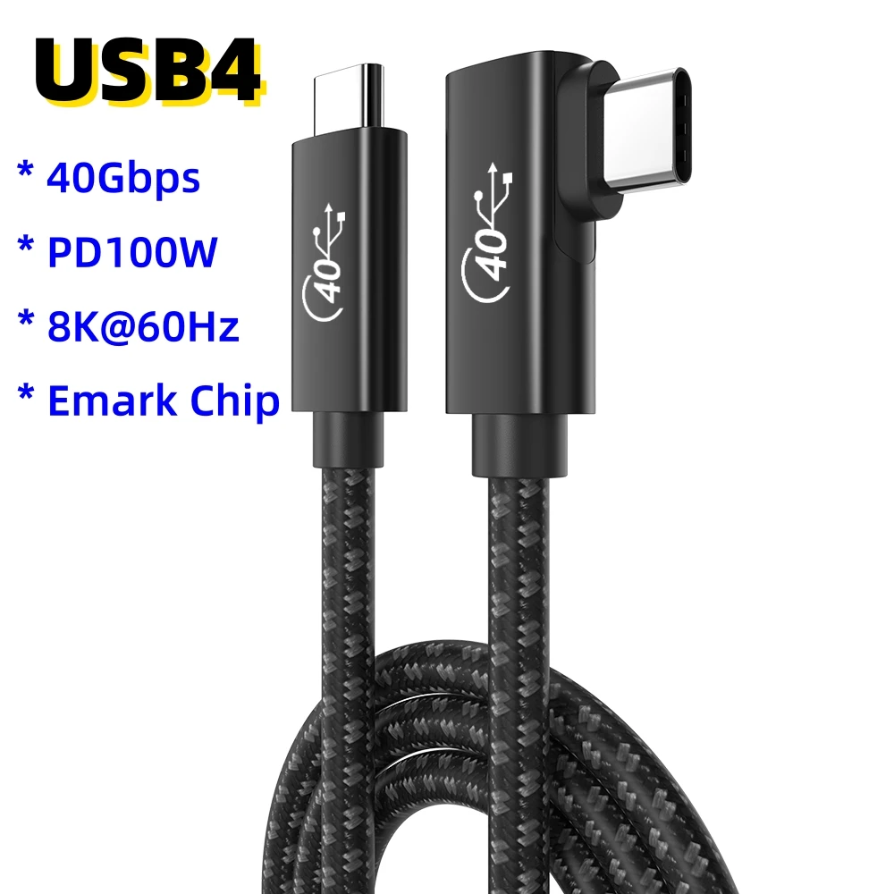 USB4 Type-C Elbow Cable 40Gbps 8K@60Hz HD Data Cable PD100W 20V/5A Fast Charge Compatible With Thunderbolt 4/3 Cable for Macbook