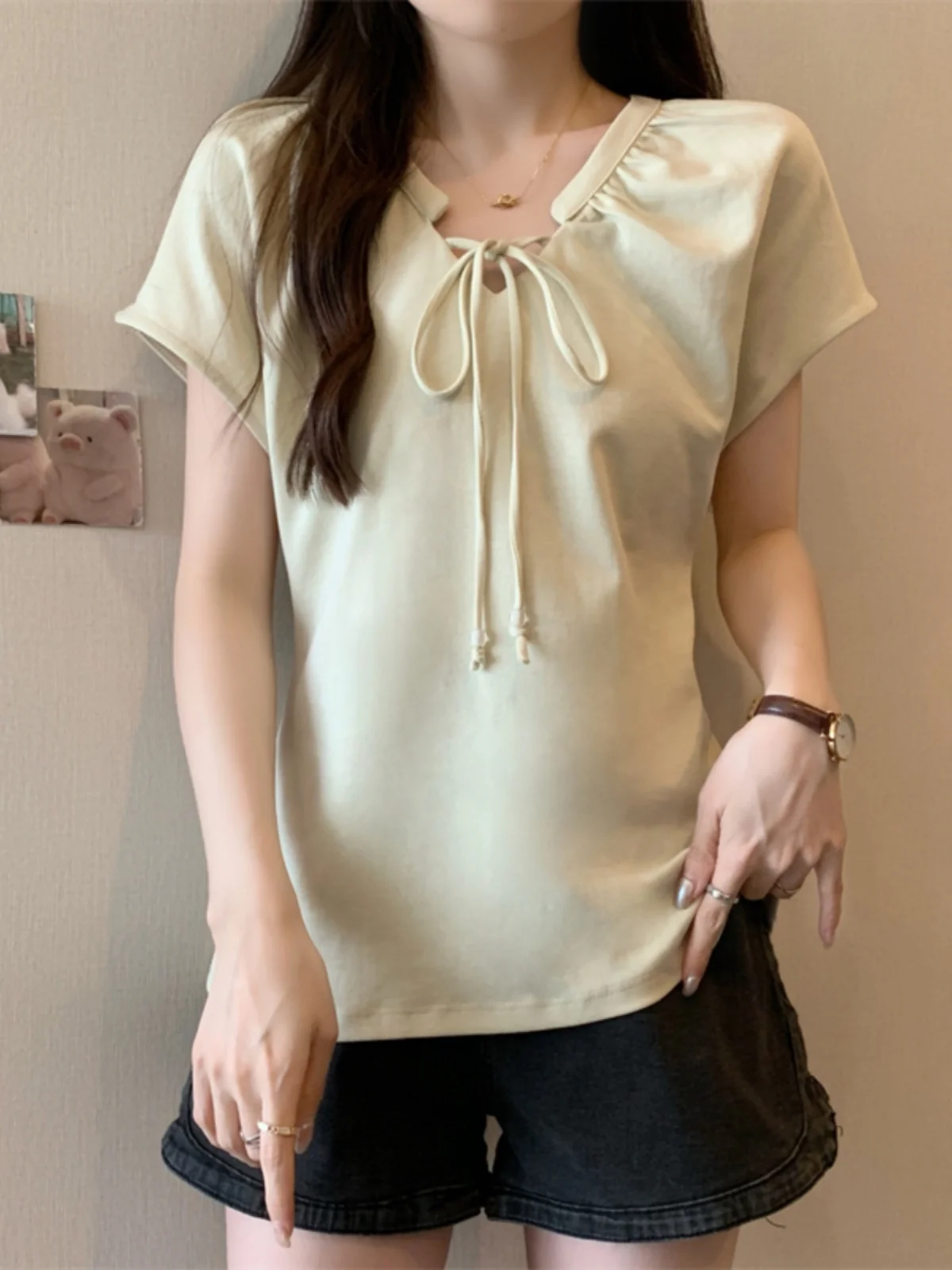 Knot  Bow V-neck Short Sleeve T-shirt Women's plus Size Summer Slimming Hide Belly Meat Top Korean Style Loose Fit