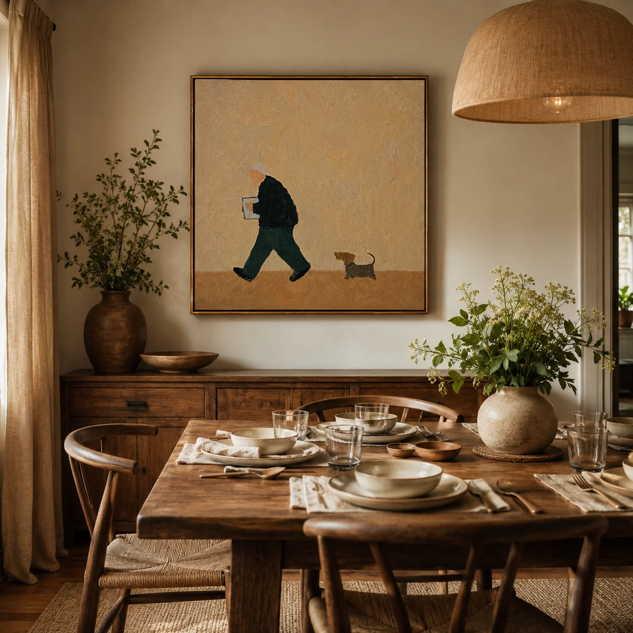 The Evening Reader – Quiet Beige Folk Man & Dog Portrait Painting | Minimalist Square Entryway Art for Bedroom, Living Room view 4