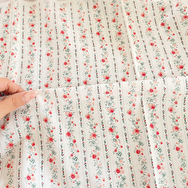 Tela de algodón puro de 145x50cm, tallo de flor a rayas, tela de algodón fresco de dibujos animados, tela de algodón puro hecha a mano para ropa DIY, falda, camisa