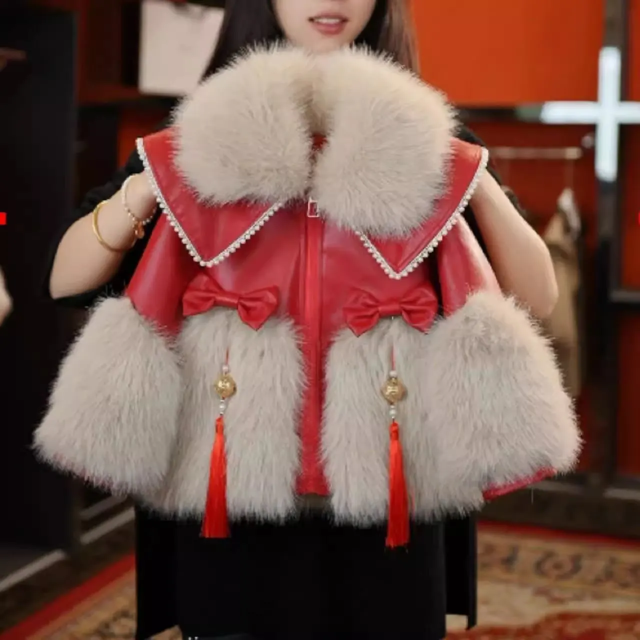 

90-150cm Children's Fur Coat Autumn and Winter New Style Girl Velvet Thick Red New Year's Worship Coat Leather Jacket