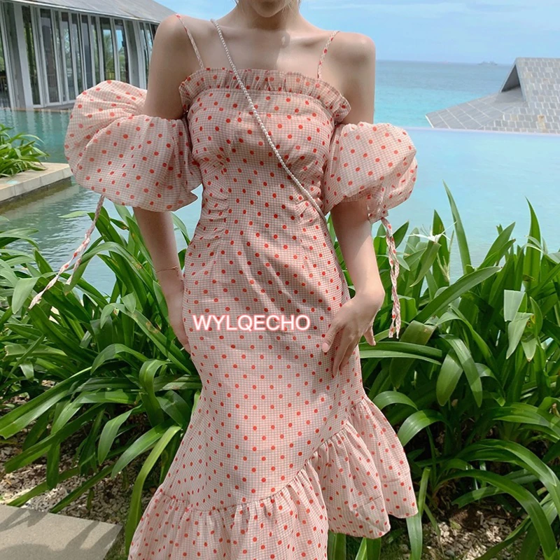 

French Bubble Sleeve Pink Polka-dot One-shoulder Dress Female Super Fairy Suspender Fishtail Dress Seaside Holiday Beach Dress