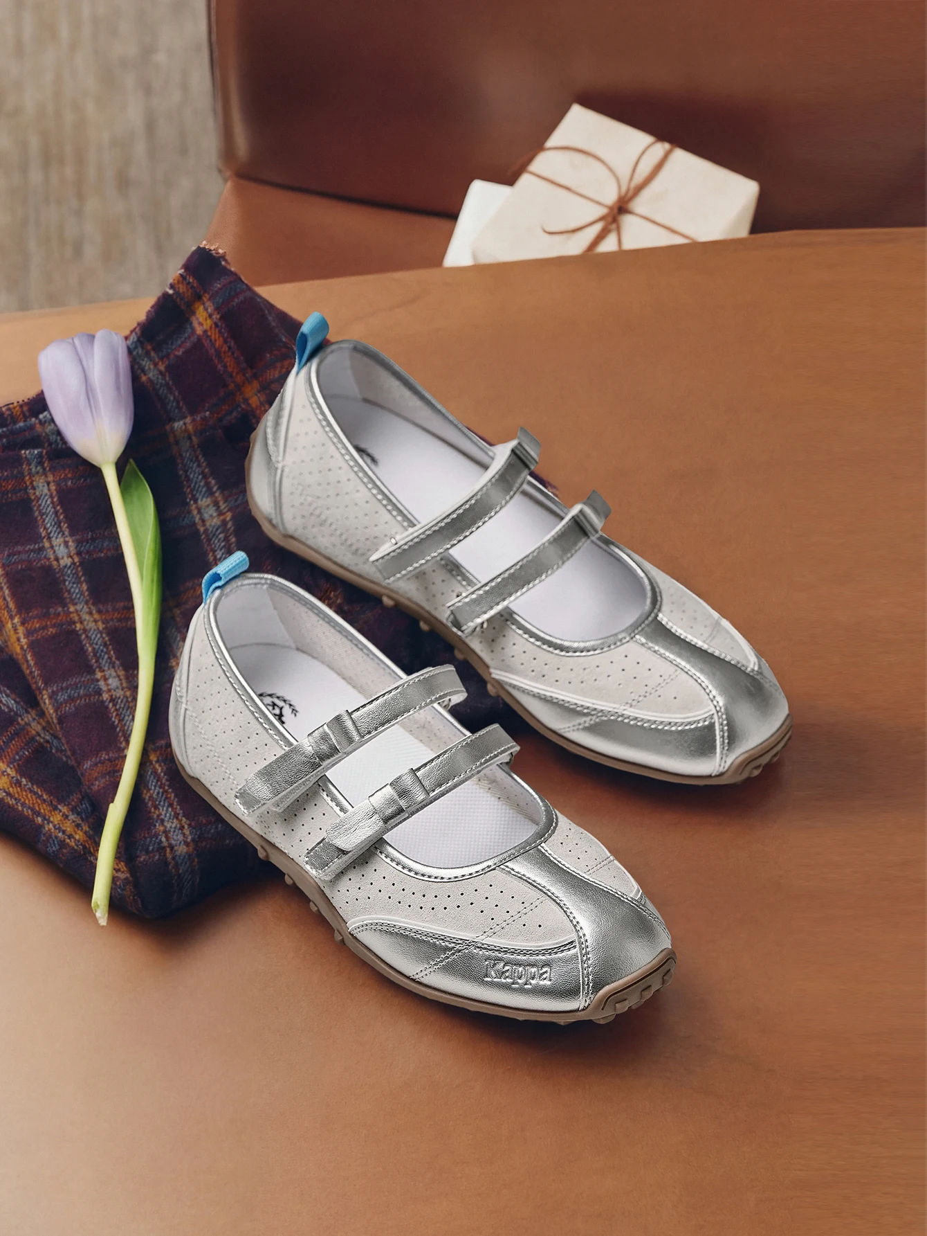 Kappa Metallic Silver Breathable Mary Jane Women's Shoes with Velcro Fastening, Shallow Casual Shoes, Lightweight Sporty Flat Shoes