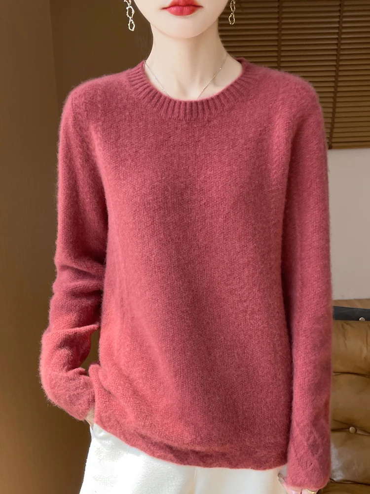 Thick Women's Casual Elegant Pullover O-Neck 100% Merino Wool Knitted Sweater Autumn Winter Warm Solid Cable Stitch Clothing Top