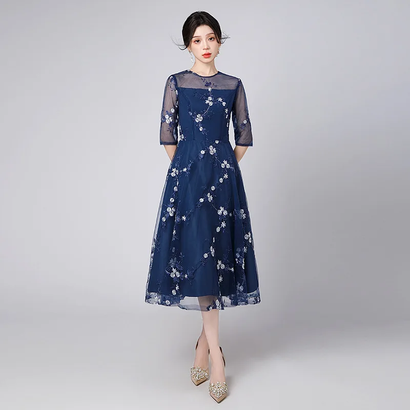 레이스 이브닝 가운 여성용 플로럴 프린트 라운드 넥 이브닝 드레스 프롬 파티 롱 드레스 포멀 드레스 우아한 파티 드레스