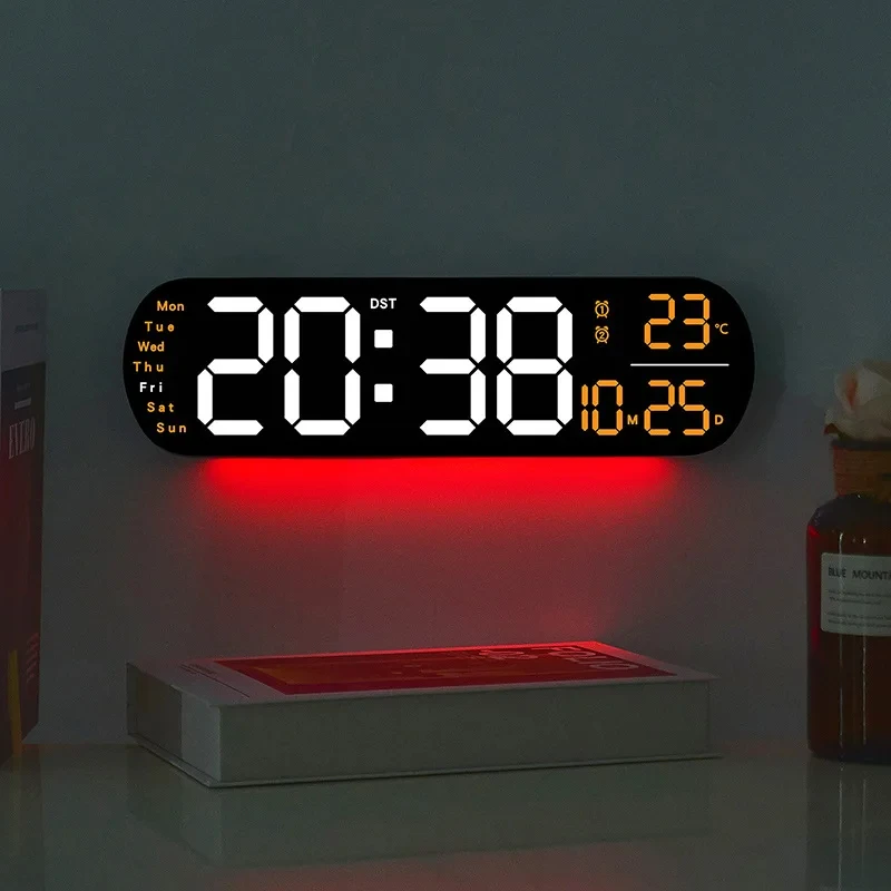 LED Wall Clock with Atmosphere Light Color Changing Temperature Date Week Display Electronic Alarm Clock with Remote Control