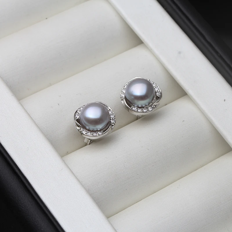

Natural Freshwater Gray Pearl Earrings,Vintage Flower Black 925 Silver Pearl Stud Earring Bridemaid Gift
