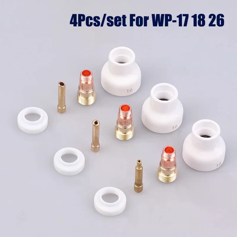 

Набор для TIG-сварки из 4 предметов: белые керамические сопла 1.6/2.4/3.2 мм, чашки из оксида алюминия, комплект для горелок WP17, 18, 26, укороченные цанги, корпус, газовая линза