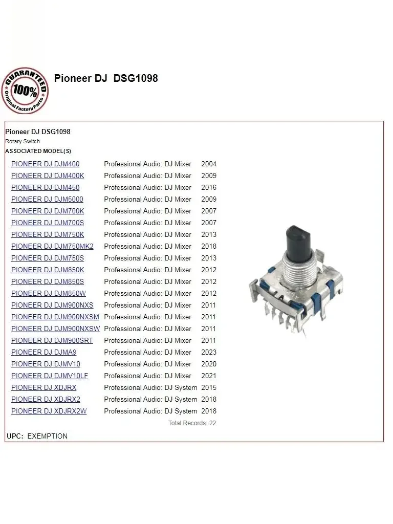 Pioneer DJMS11 900NEXUS 900SRT Mix DDJS1 Effect Channel Selection Potentiometer DSG1098