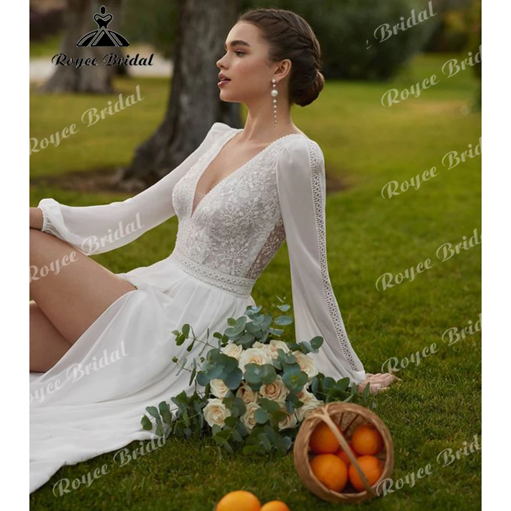 Deep V Crochet Puff Sleeve Lace Chiffon A Line Wedding Dress High Slit Boho Bridal Gown for Garden Outdoor Elopement Customized