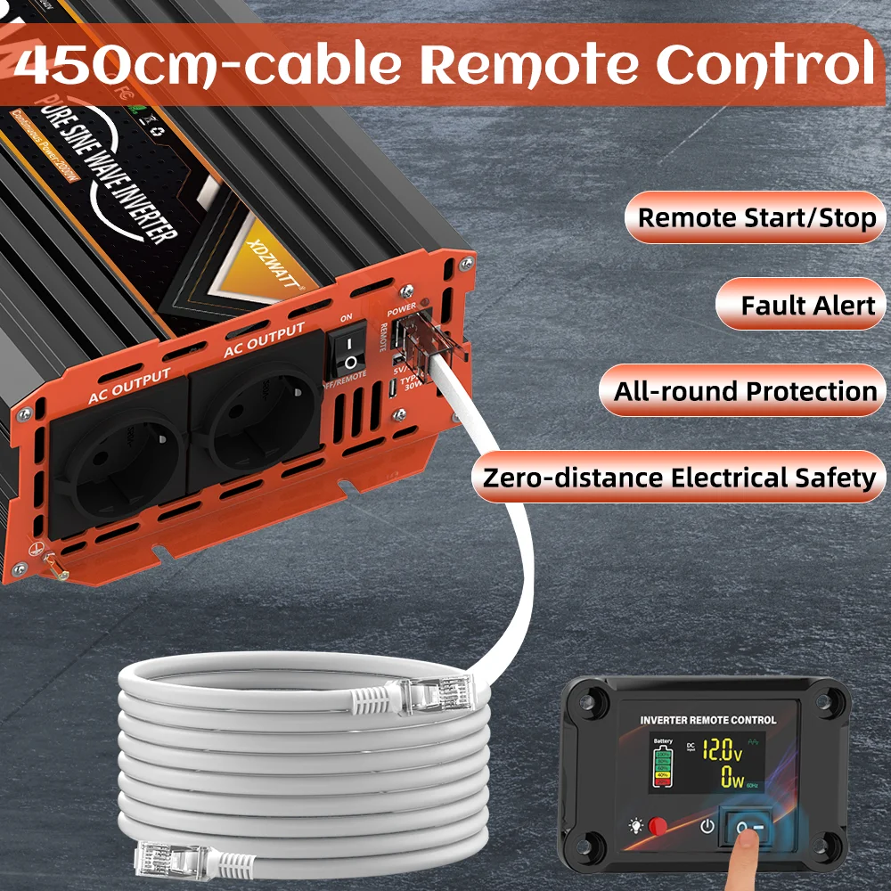 2000W/4000W Pure Sine Wave Power Inverter 12V to 220V High Efficiency Conversion with 2 AC Output 1 USB Interface Remote Switch