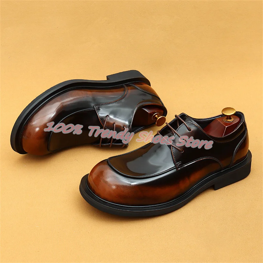 

British Style Round Toe Chunky Heel Loafers for Men Mixed Color Genuine Leather Lace-Up Derby Shoes Male Outside Leisure Oxfords