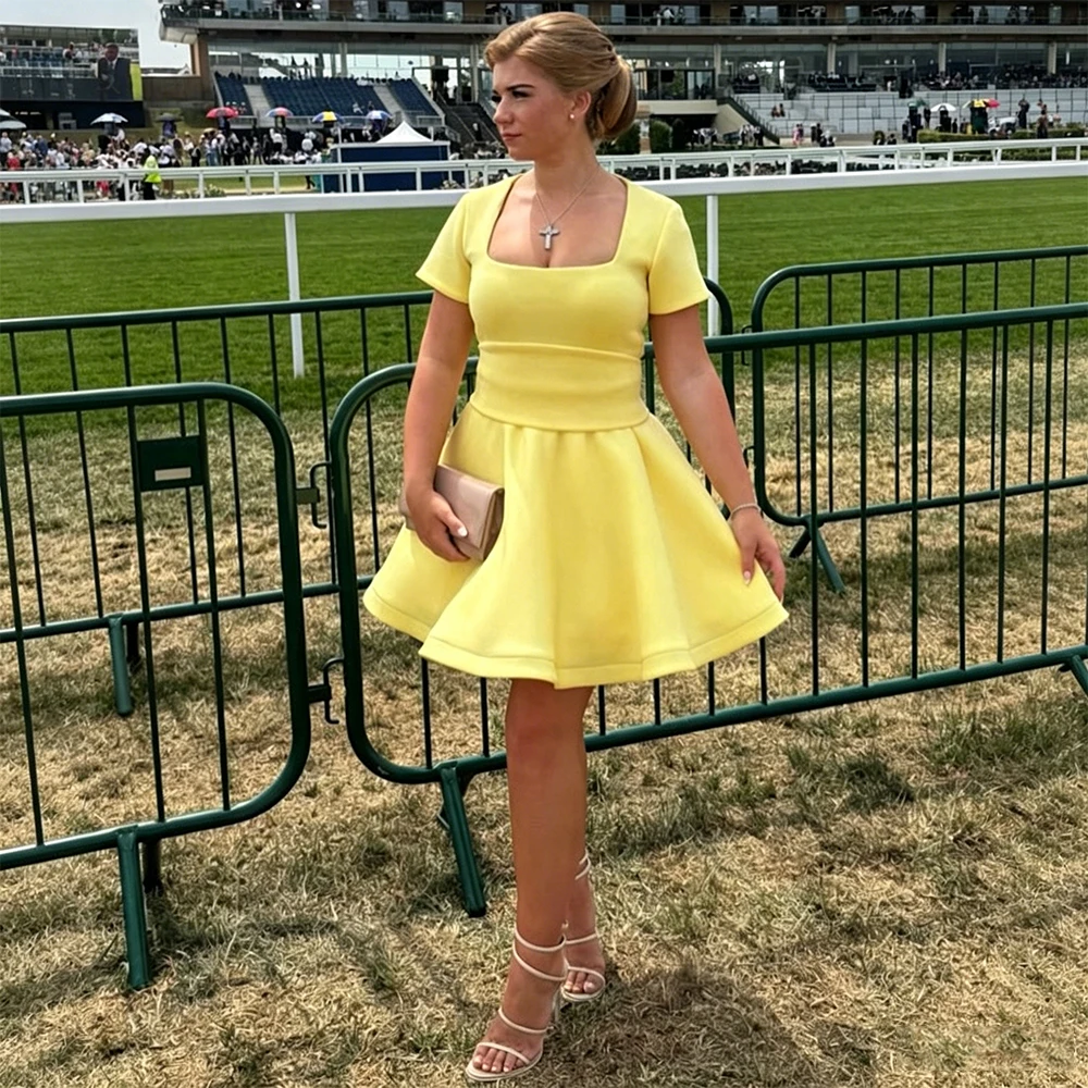 

Customized Party Gown Mini Square Neck Short Sleeves Yellow Homecoming Dresses for Ladies A Line Royal Ascot Style Party Dress