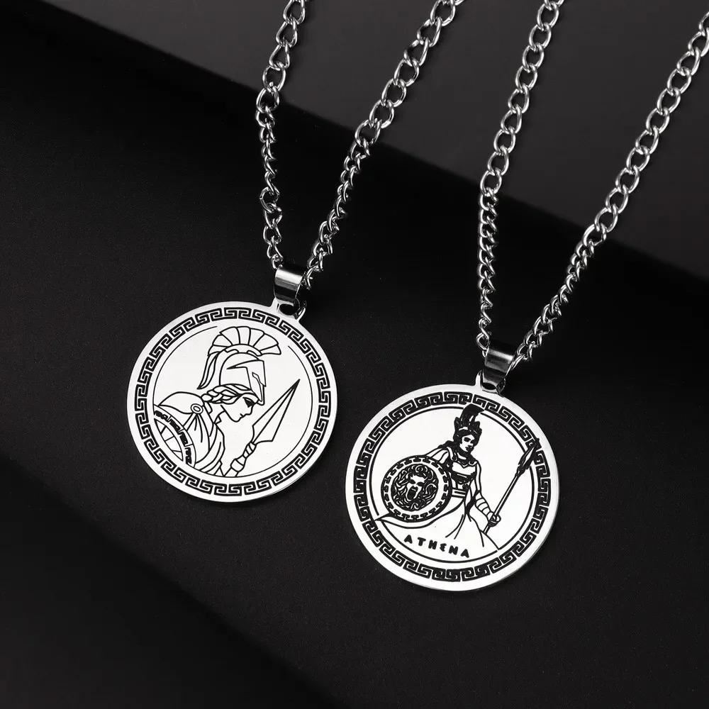 New Gothic Stainless Steel Ancient Greek Goddess Athena Round Pendant Necklace for Men Women Hip Hop Vintage Necklaces Jewelry