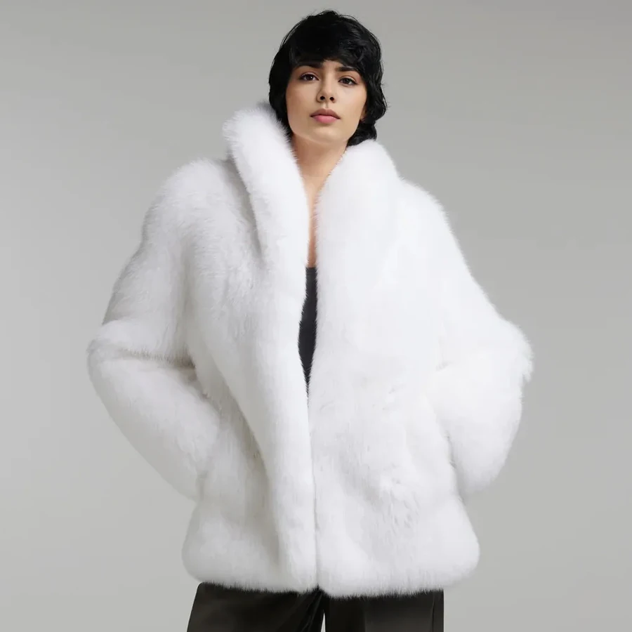 

Пальто из белого лисьего меха с отложным воротником из натуральной полной кожи, длинное пальто из натурального лисьего меха, лидер продаж, женское пальто из натурального меха