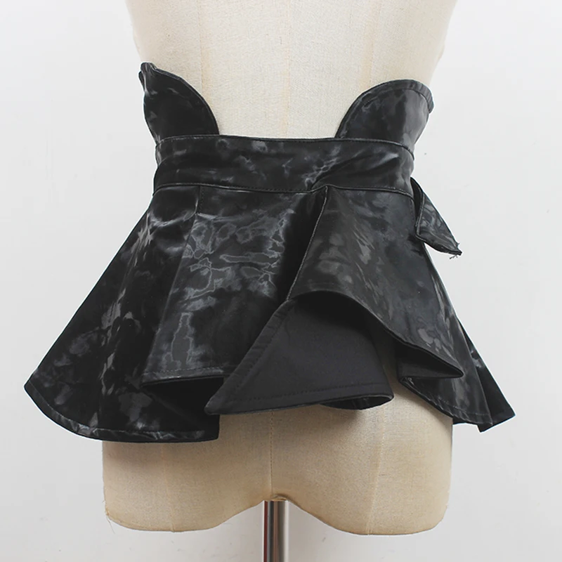 Black Irregular Ruffles Buckle Long Wide Belt Personality Women New Fashion Tide All-match Spring Autumn 2022