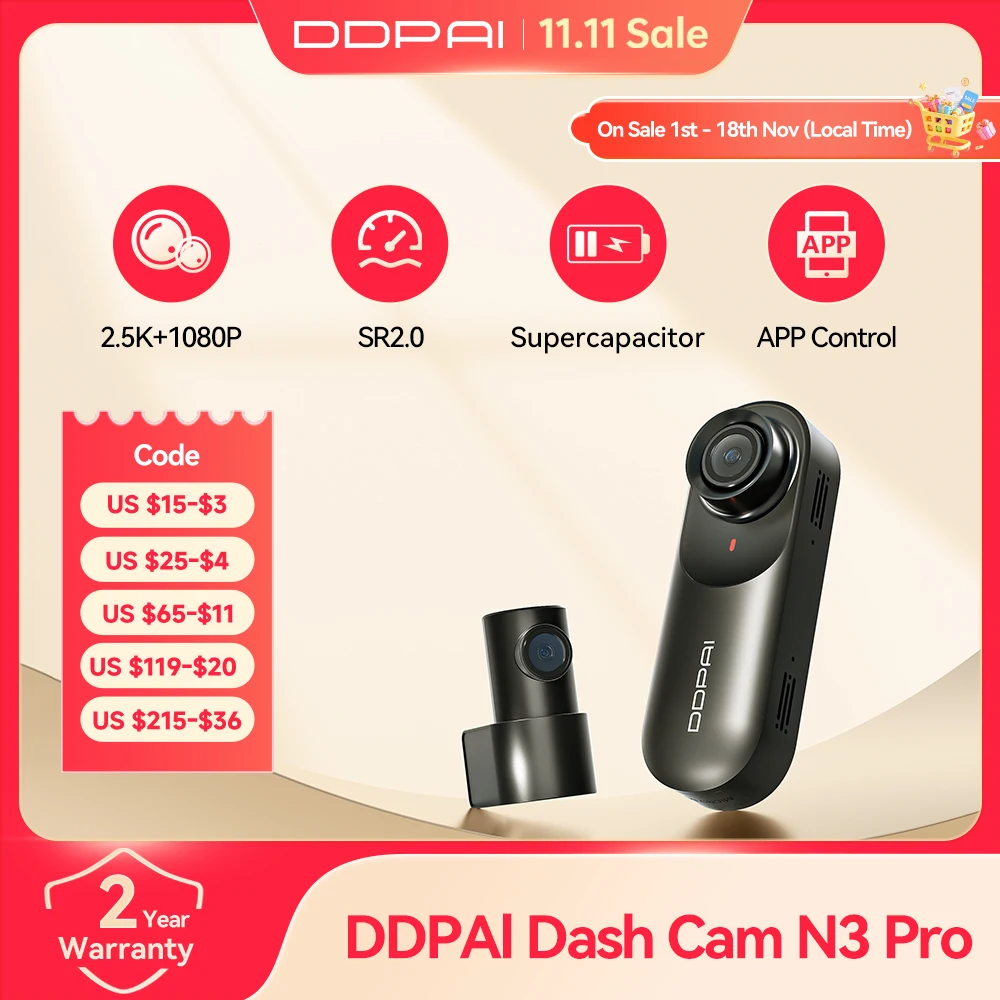 DDPAI Mola N3 Pro Dash Camera Driving Vehicle Cam Wifi Smart Connect Car Recorder 2.5K Car DVR Dash Camera