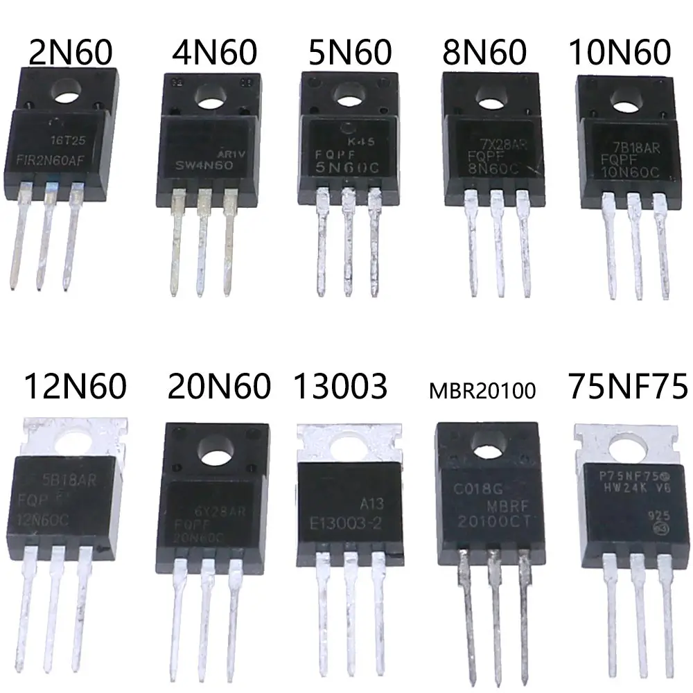 50Pcs 10ชนิด-220 Field-Effect ทรานซิสเตอร์ Mosfet ผสมชุดกล่อง2N60 4N60 5N60 8N60 10N60 12N60 20N60 13003 MBR20100 75NF75