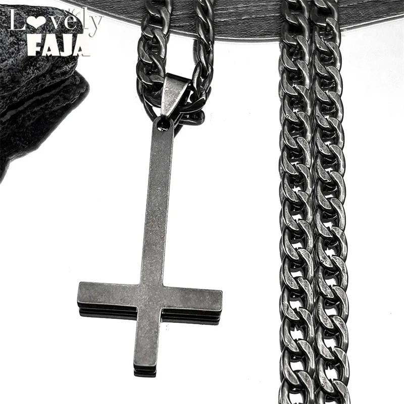 Stainless Steel Upside Down Cross Witchcraft Pagan Necklace for Women Men Inverted Black Hip Hop Chain Jewelry