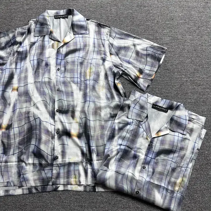 

Y/project pleated misplaced plaid digitally printed cuban collar shirt
