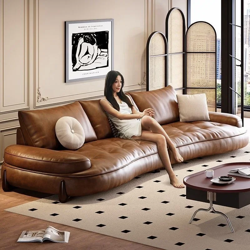 Retro small apartment straight row khaki brown leather sofa set lightweight luxury cowhide simple design