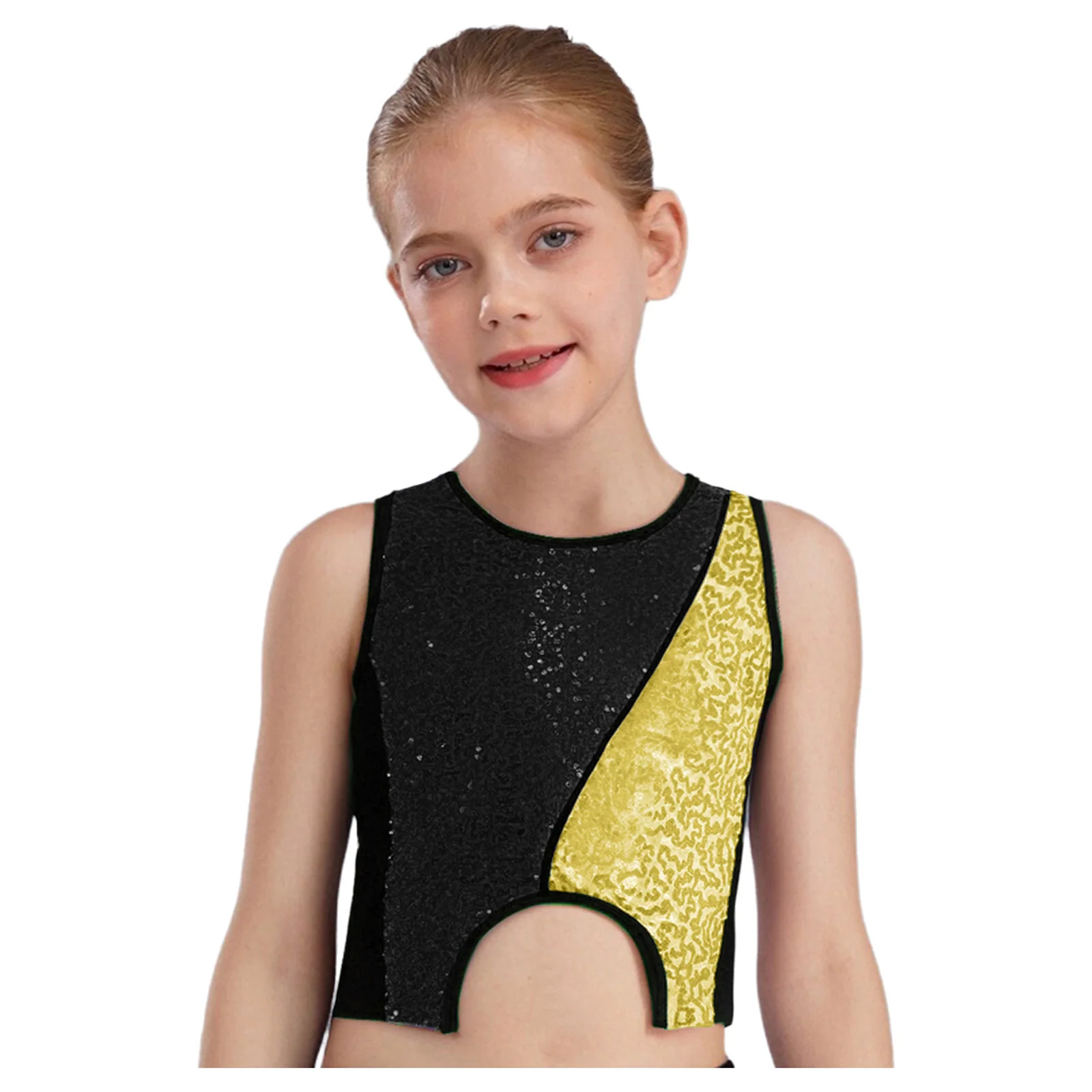 

Kids Girls Hip-Hop Jazz Dance Costume Color Block Patchwork Sparkly Sequins Tank Top Vest+Shorts Gymnastic Street Dance Wear Set