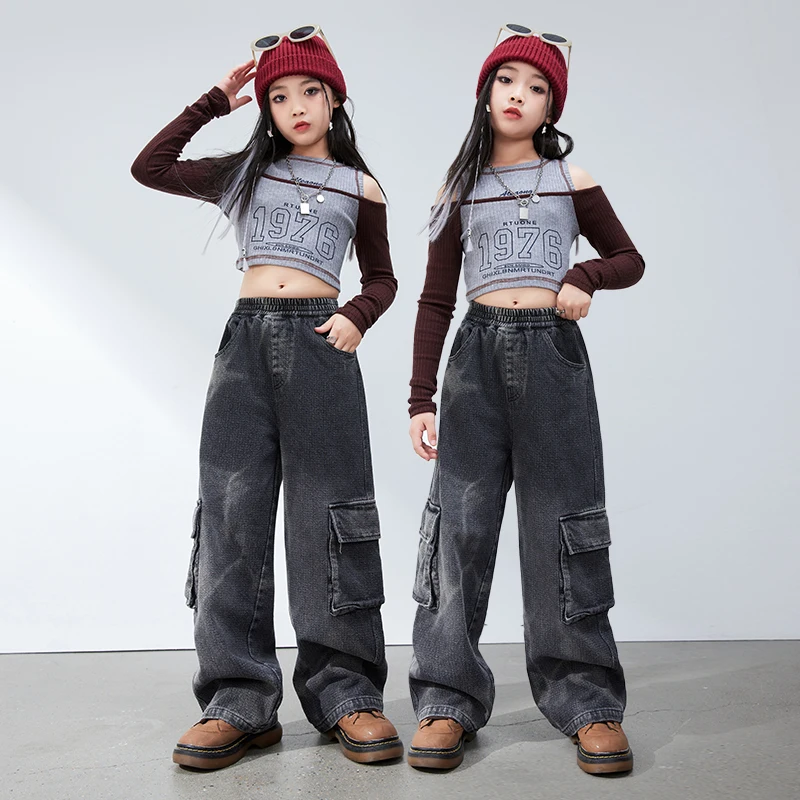 Children Jazz Outfit Hip Hop Girls Crop Tops Denim Cargo Pant Kids Sweatshirt Street Dance Clothes Sets Teen Streetwear Costumes