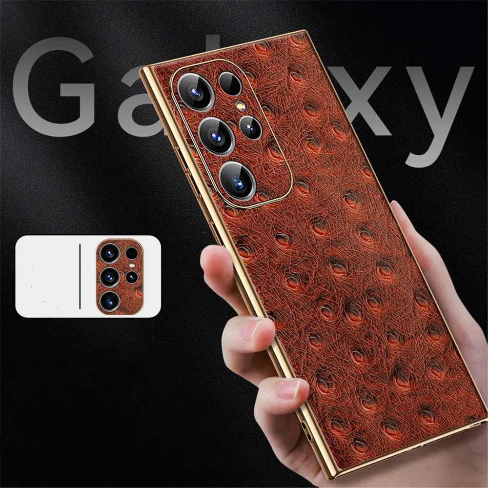 

Чехол из натуральной кожи со страусиным узором для Samsung Galaxy S25 Ultra S24 S23 S22, глянцевая рамка