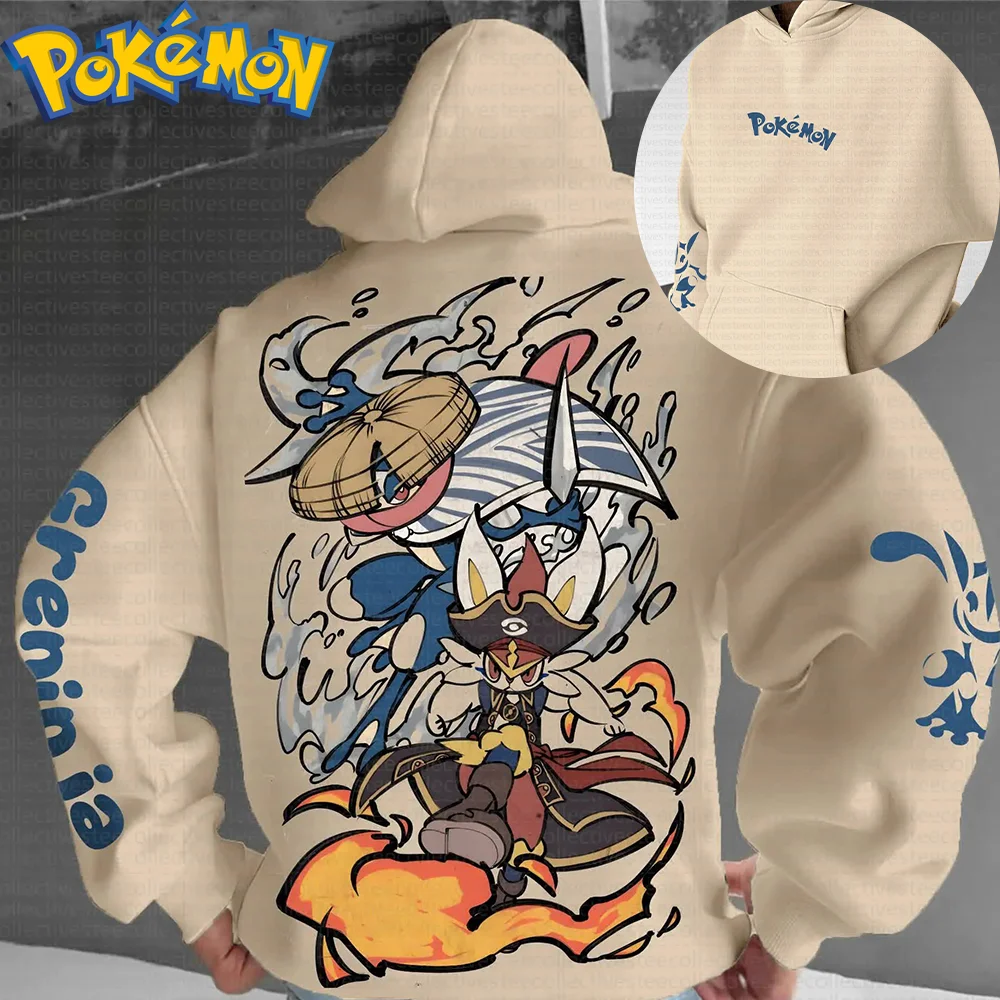 

Хлопковая толстовка с капюшоном Pokemon Anime Greninja Incineroar, комплект брюк в стиле Харадзюку, бежевый принт с принтом персонажей и эффектом водяного огня, динамическая поза