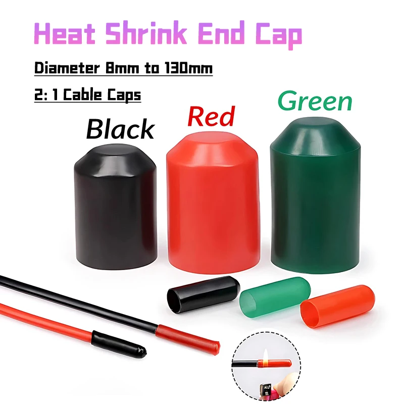 5pcs/lot Adhesive Glue Lined Heat Shrink End Cap 2:1 Cable Caps Black/Red/Green Diameter 8mm to 130mm for Wire Cable