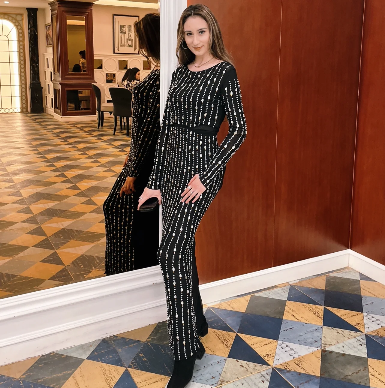 

Женское роскошное бандажное платье с кристаллами, осенне-зимний укороченный топ с длинными рукавами и длинная юбка, комплект из двух предметов, праздничная одежда