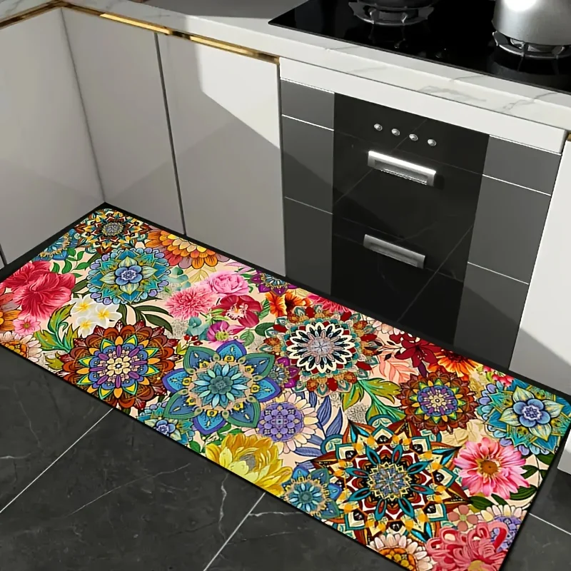 Exotic Mandala Floral Mix Long Bathroom Runner Mat Anti Slip Water Absorbent Rug Boho Flower Decor Carpet for Shower Kitchen
