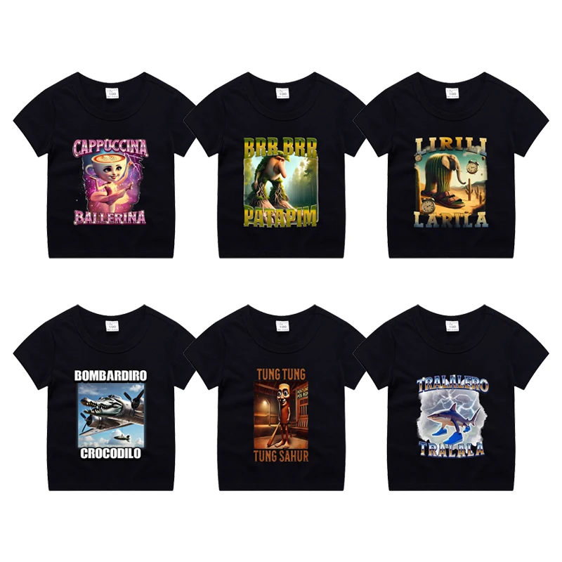 

Italian Brainrot Kids Short Sleeve Tee Tung Tung Tung Sahur Cotton T-shirt Funny Meme Children Summer Clothing Cartoon Cute Tops