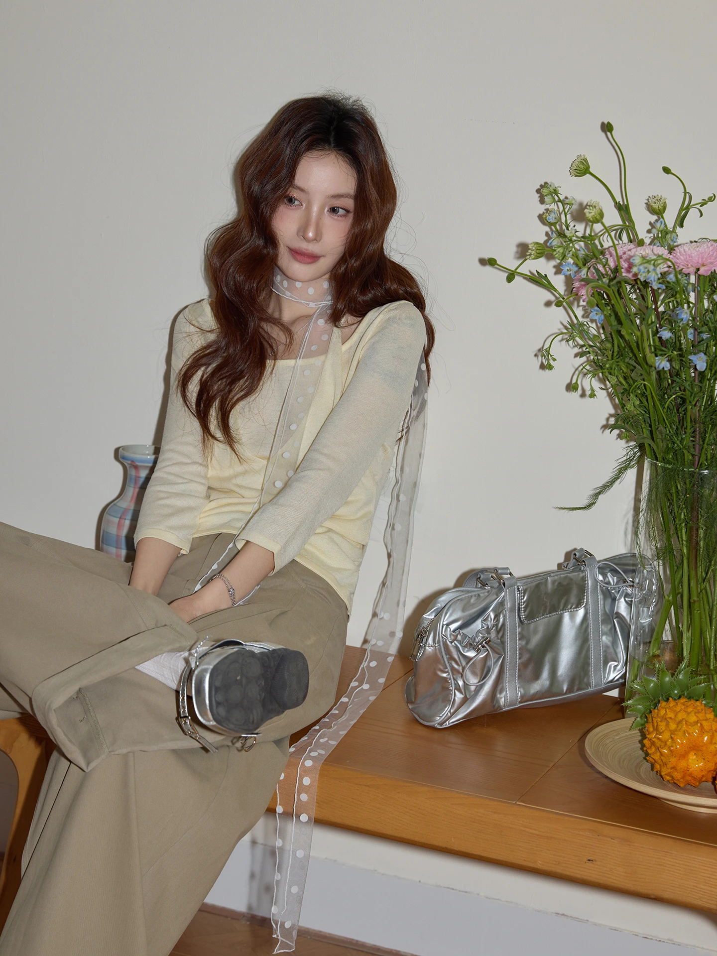 

Chaocha Home Korean Style Yellow Neck Hanging Strap Knitted Sweater Women's Slim Fit Thin Long Sleeve Top Summer Fashion