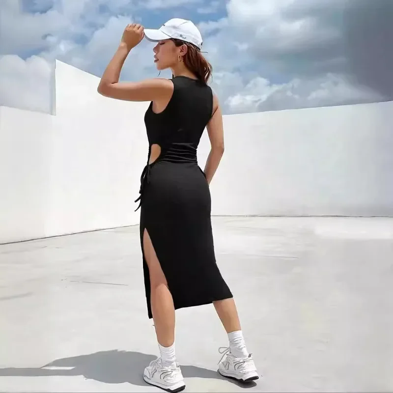 

Hollow Out Waist Slim Midi Dress Sexy Side SlitBag Hip Dress Summer Round Neck Sleeveless Vest Dress Solid Bohemia Vestidos 원피스