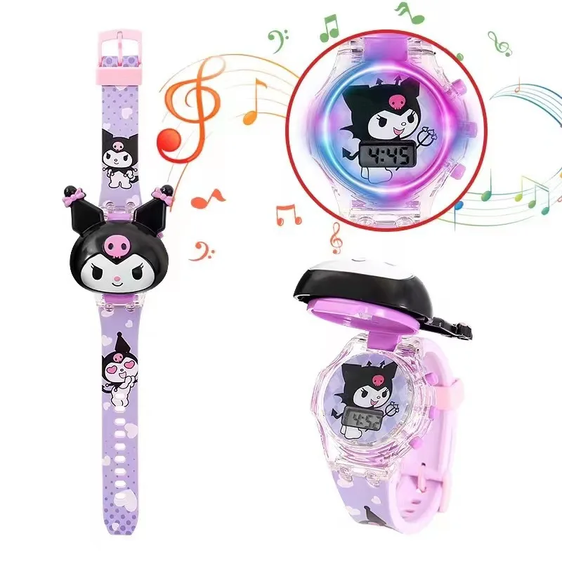 Sanrio Watch Cinnamoro Hello Kitty Waterproof Music Children Wrist Watch Kuromi Cartoon Led Luminous Silica Watchband Kids Gift