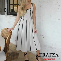 TRAFZA Office Lady Striped Print Women Dress Luxurious High Quality Summer Cami Dress Fashion 2024 Summer Cotton Linen Dress