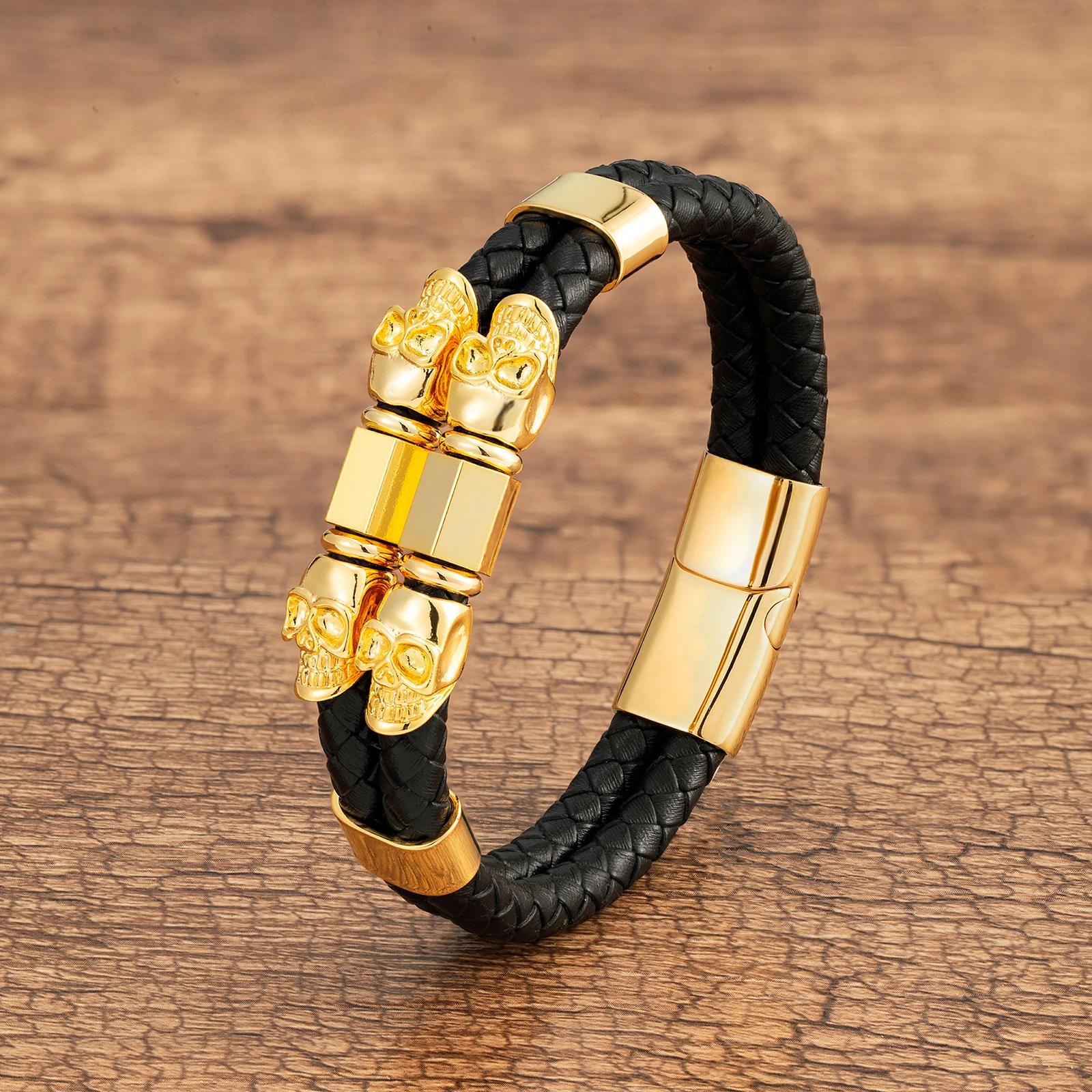 Pulsera gótica de cuero tejido de doble capa con calavera para hombre, brazalete de Hip Hop, joyería de moda para fiesta de Rock, regalo para novio