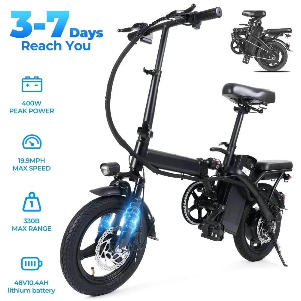 

48V 400W Electric Bikes,14" Tires, 20mph, 19-22mi Range, Dual Disc Brakes, Adjustable Seat, Removable Basket, Folding Design.