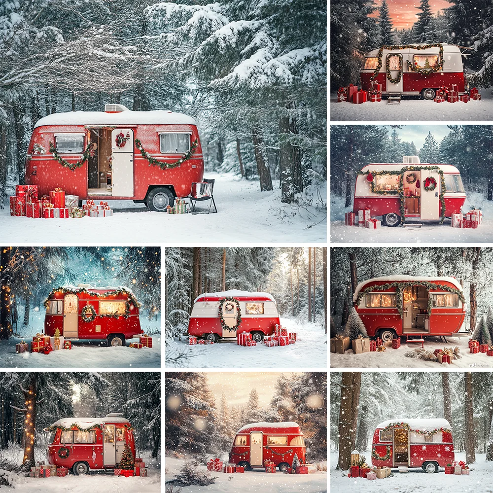 

Christmas Bus Camper Photography Backgrounds Snow Forest Landscapes Twinkling Lights Gifts Holiday Decoration Kid Party Backdrop